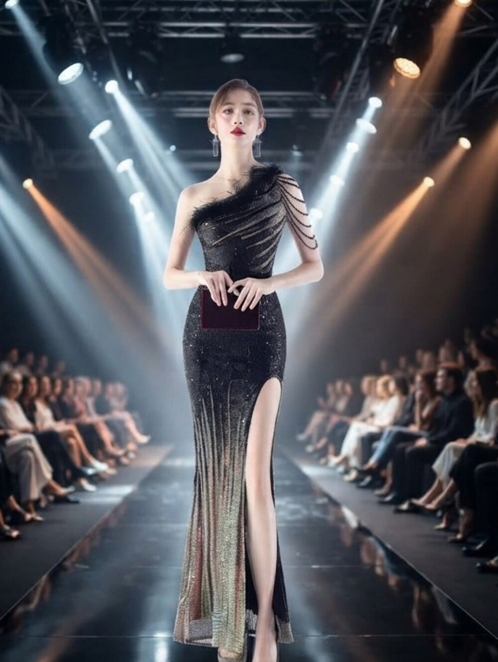 Black, One Shoulder Beaded, Gradient , Feather Neckline, Sequined Mermaid Gown
